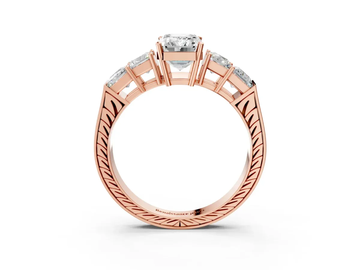 Emerald Cut Solitaire Princess Side Stone Engraved Band Prong Setting Ring Rose gold