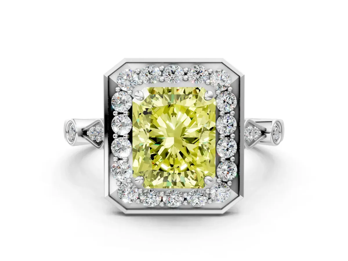 Fancy Yellow Radiant Cut Halo Diamond Engagement Ring with Twisted Band and Four-Prong Setting Platinum