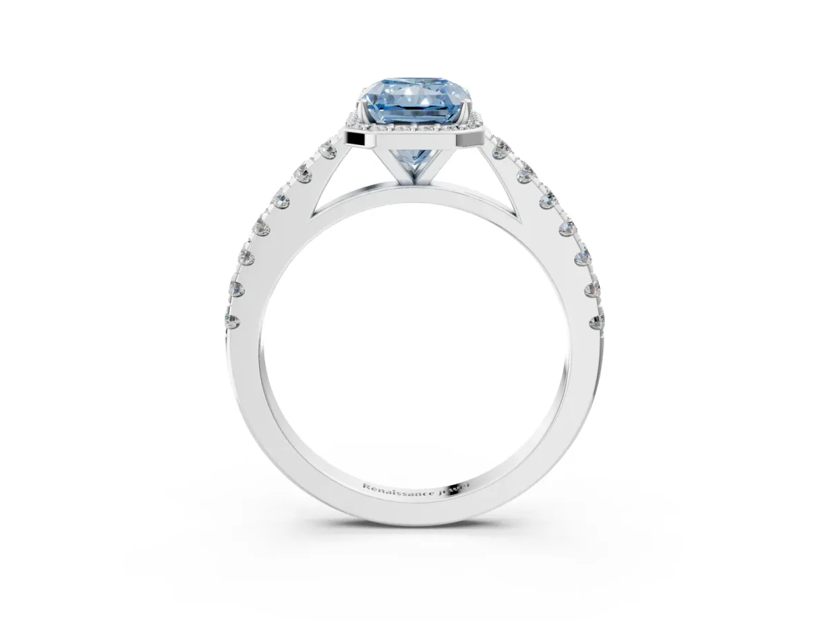 Fancy Blue Radiant Cut Cut Halo Diamond Engagement Ring with Pave Band and Four-Prong Setting Platinum
