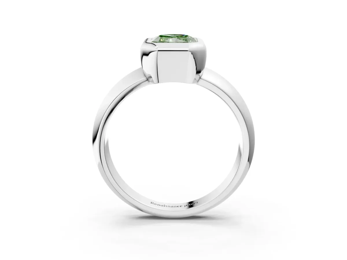 Fancy Green Bezel Set Radiant Cut Solitaire Ring with Wide Band Platinum