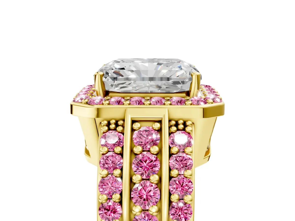 Radiant Cut Halo Diamond Ring with Round Pink Sapphire Split Shank and Prong Setting Yellow gold