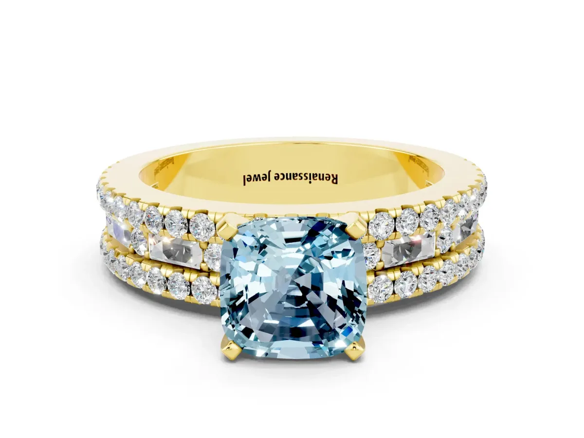 Cushion Cut Aquamarine Solitaire Ring with Pavé and Channel Set Band Yellow gold