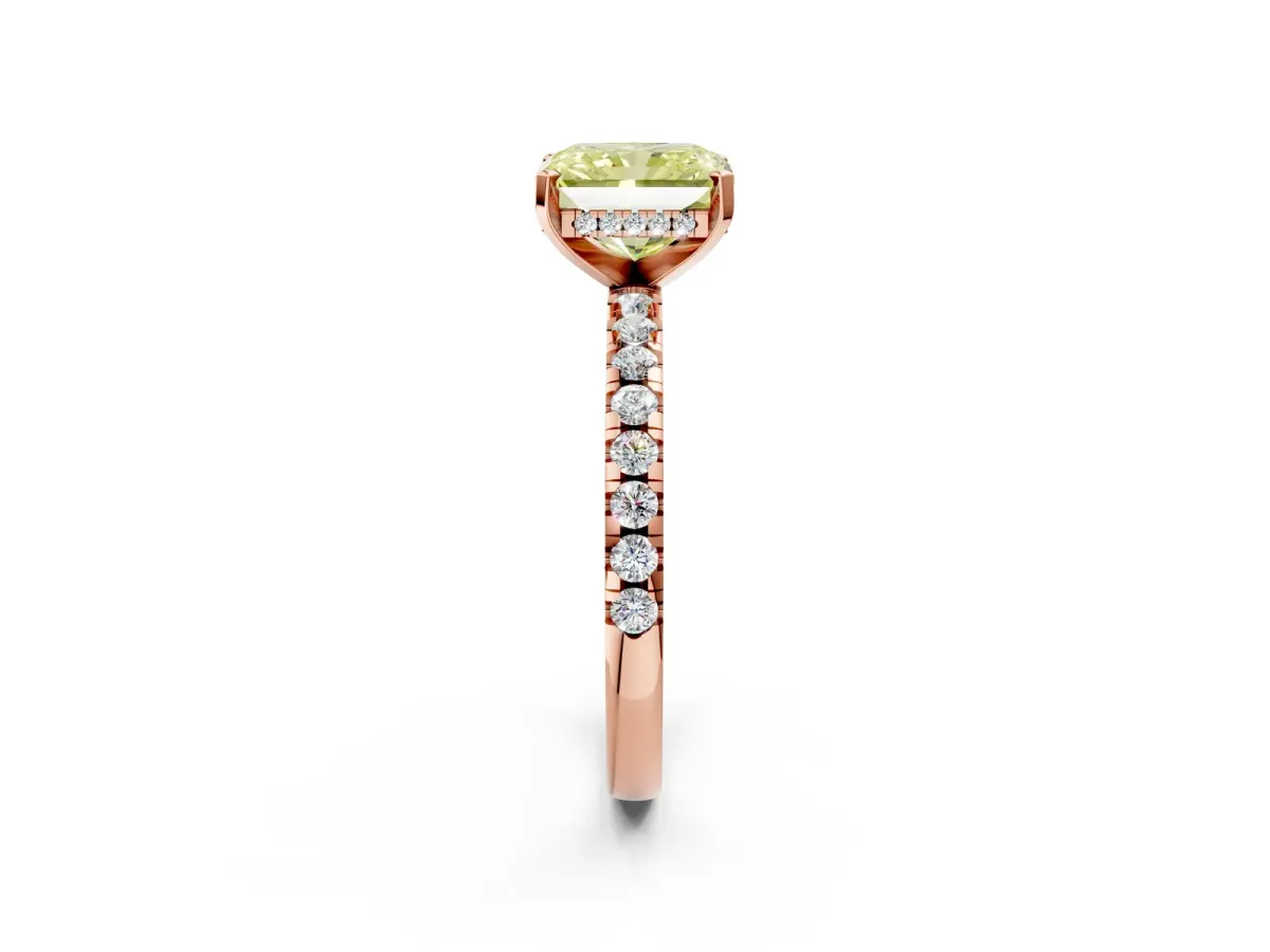 Fancy Yellow Radiant Cut Diamond Solitaire Ring with Round Pavé Band and Four-Prong Setting Rose gold