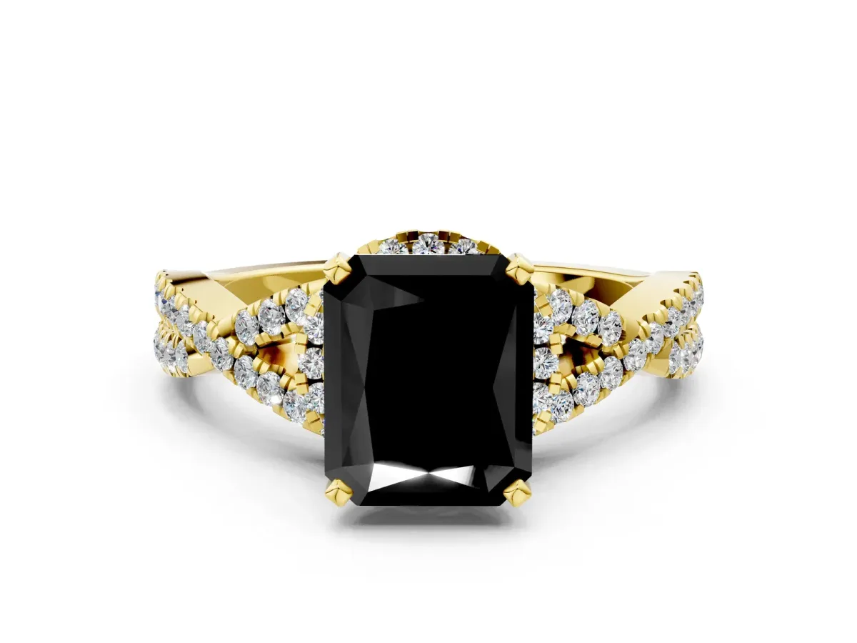 Fancy Black Radiant Cut Diamond Halo Twist Band Solitaire Prong Setting Ring Yellow gold