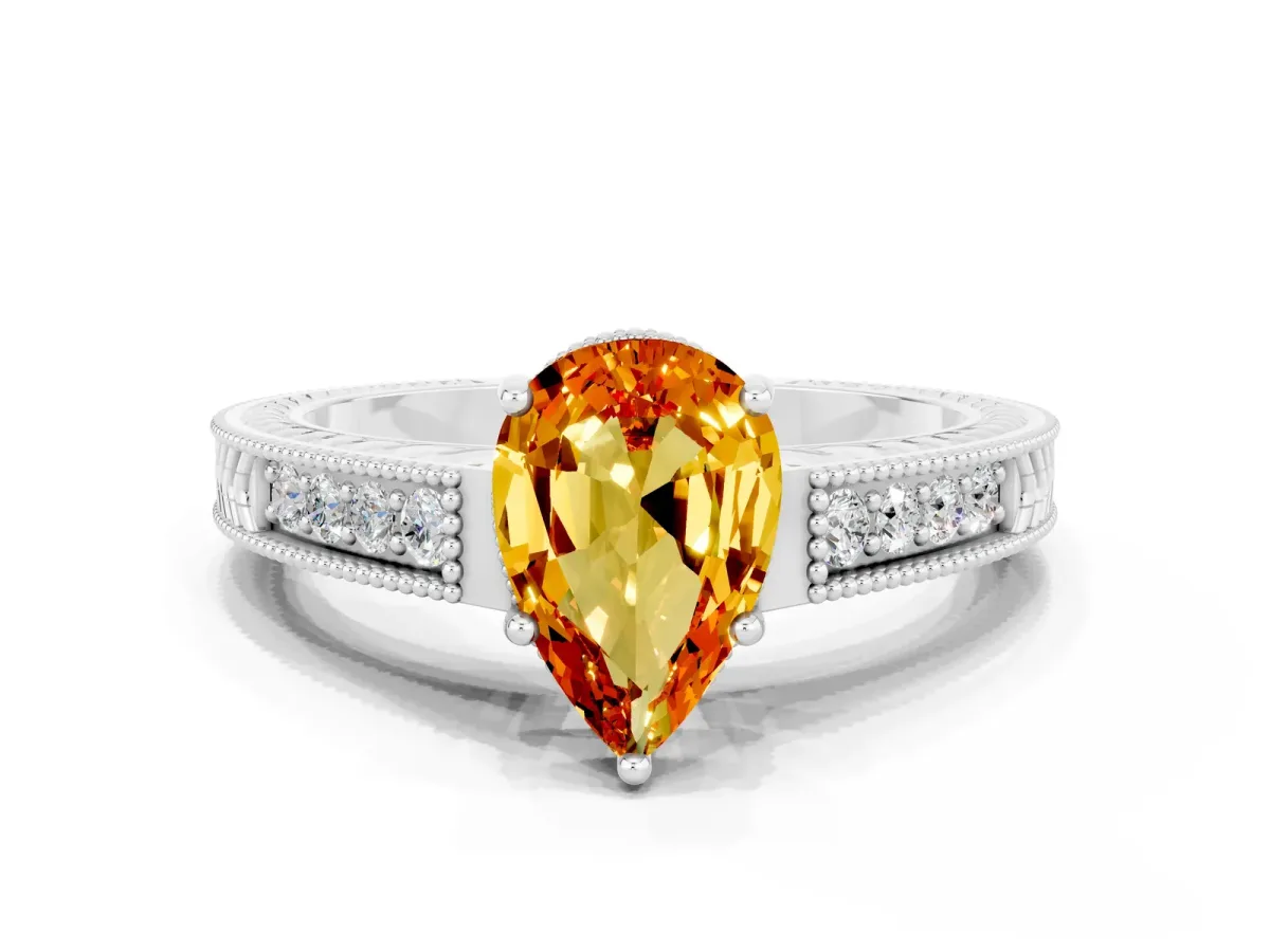 Pear Cut Citrine Ring with Milgrain Pavé Band and Four-Prong Setting Platinum