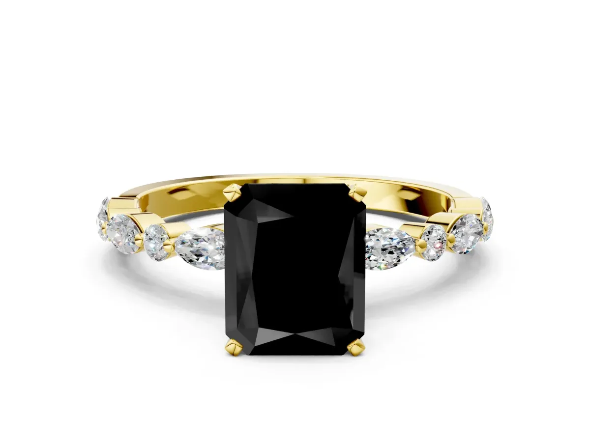 Fancy Black Radiant Cut Diamond Ring with Marquise and Round Side Stones and Four-Prong Setting Yellow gold