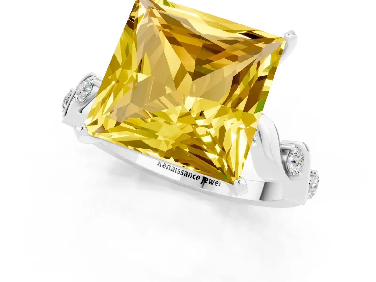 Princess Cut Yellow Sapphire Solitaire Twisted Band with Round Accents and Prong Setting Platinum
