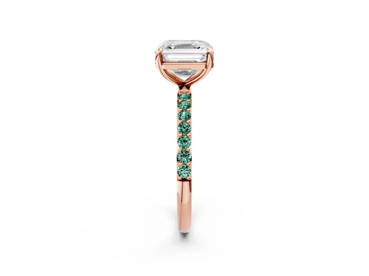Asscher Cut Diamond Solitaire Ring with Round Green Sapphire Pavé Band and Prong Setting Rose gold
