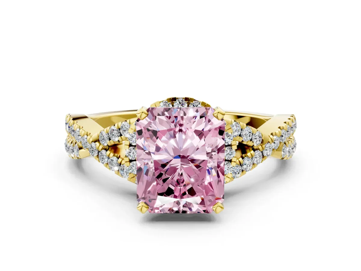 Fancy Pink Radiant Cut Diamond Halo Twist Band Solitaire Prong Setting Ring Yellow gold