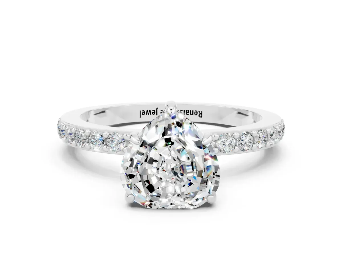 Heart Cut Moissanite Solitaire Engagement Ring with Pavé Band and Four-Prong Setting White gold