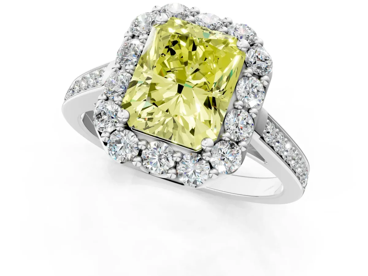 Fancy Yellow Radiant Cut Diamond Floral Halo Ring with Pavé Band and Prong Setting Platinum