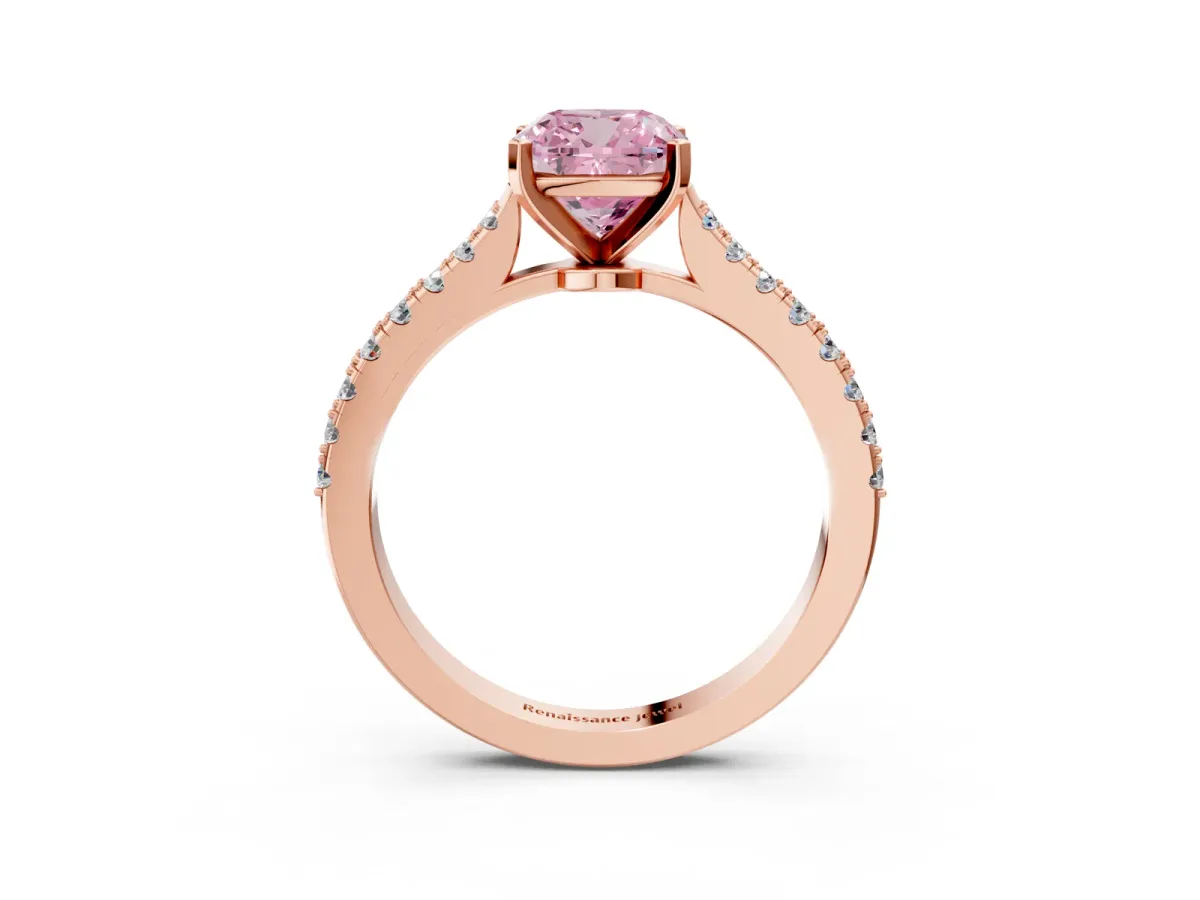 Fancy Pink Cushion Cut Cut Solitaire Diamond Engagement Ring with Pave Band and Four-Prong Setting Rose gold