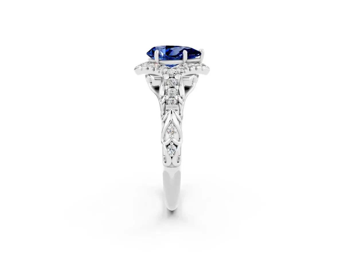 Pear Cut Blue Sapphire Solitaire Ring with Hidden Halo and Pavé Band White gold
