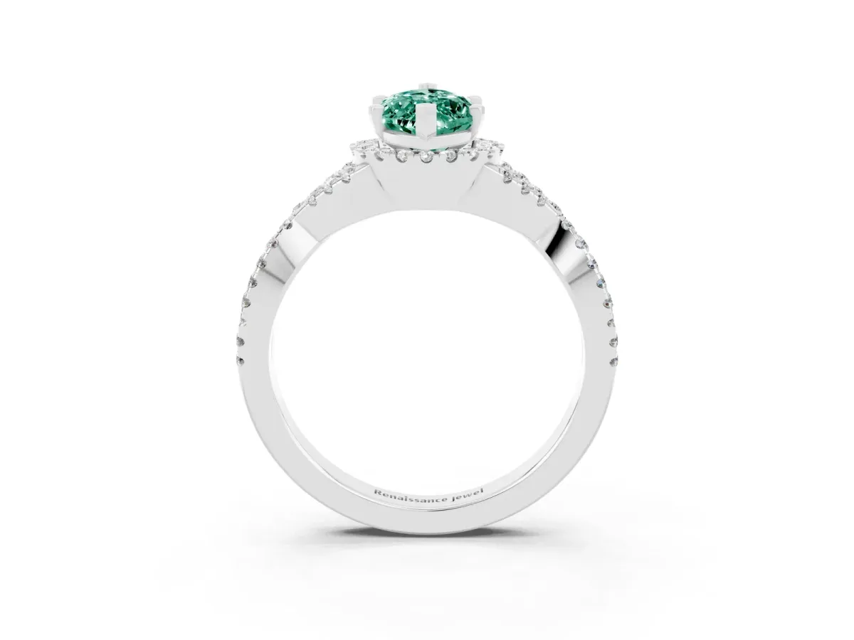 Marquise Cut Green Sapphire Halo Twist Band Solitaire Prong Setting Ring White gold