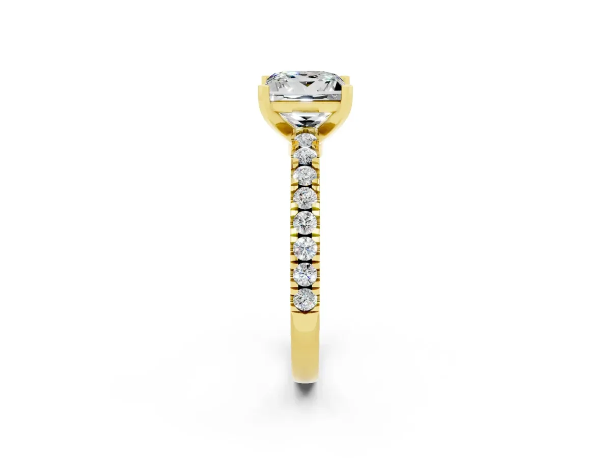Princess Cut Solitaire Moissanite with Pavé Band and Four-Prong Setting Yellow gold