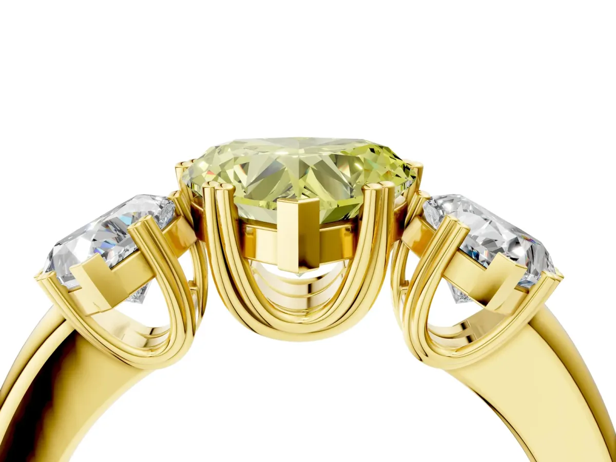 Fancy Yellow Three-Stone Heart Cut Cut Diamond Ring with Channel Set Band and Four-Prong Setting Yellow gold