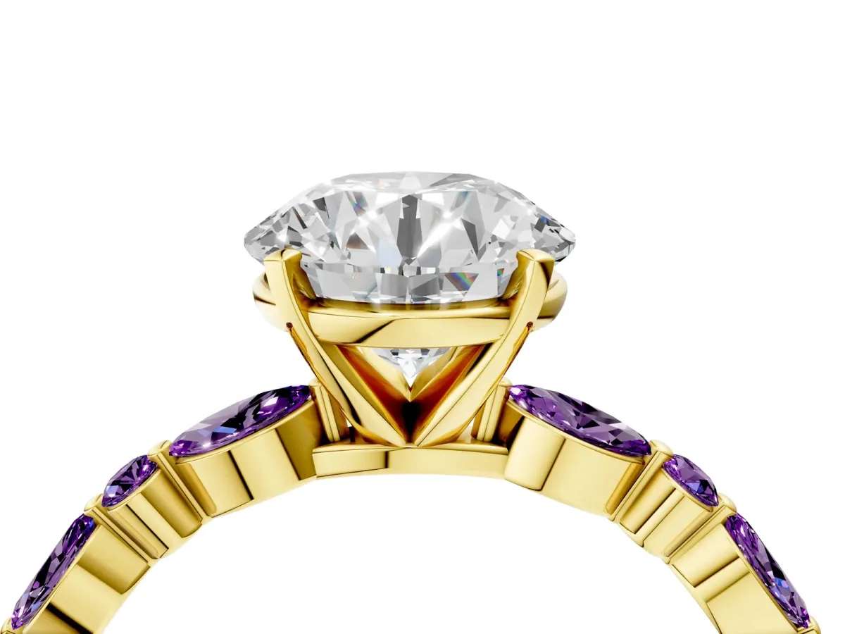 Round Cut Diamond Ring with Marquise and Round Amethyst Side Stones and Four-Prong Setting Yellow gold