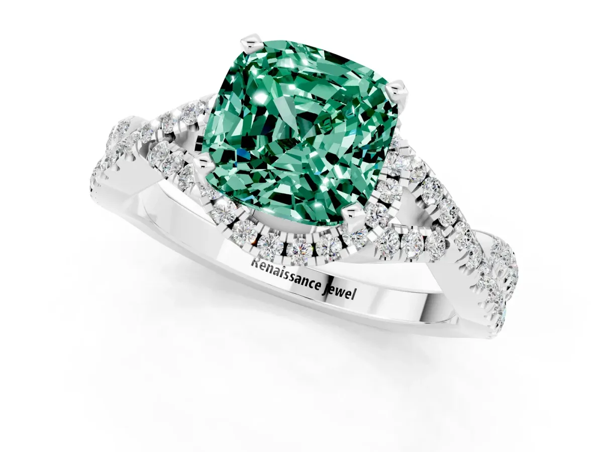 Cushion Cut Green Sapphire Halo Twist Band Solitaire Prong Setting Ring White gold
