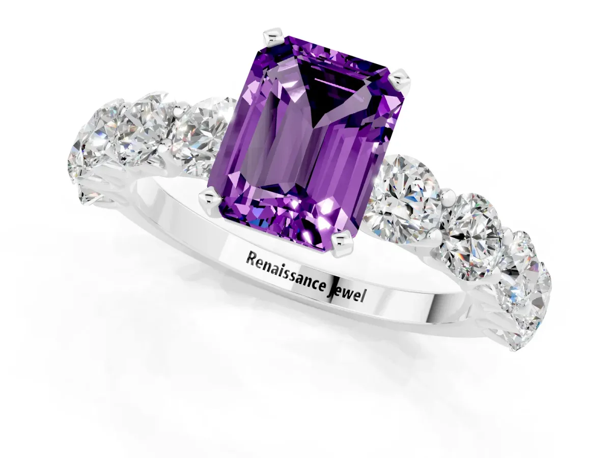 Emerald Cut Amethyst Prong Setting with Side Stones on a Pave Band Silver