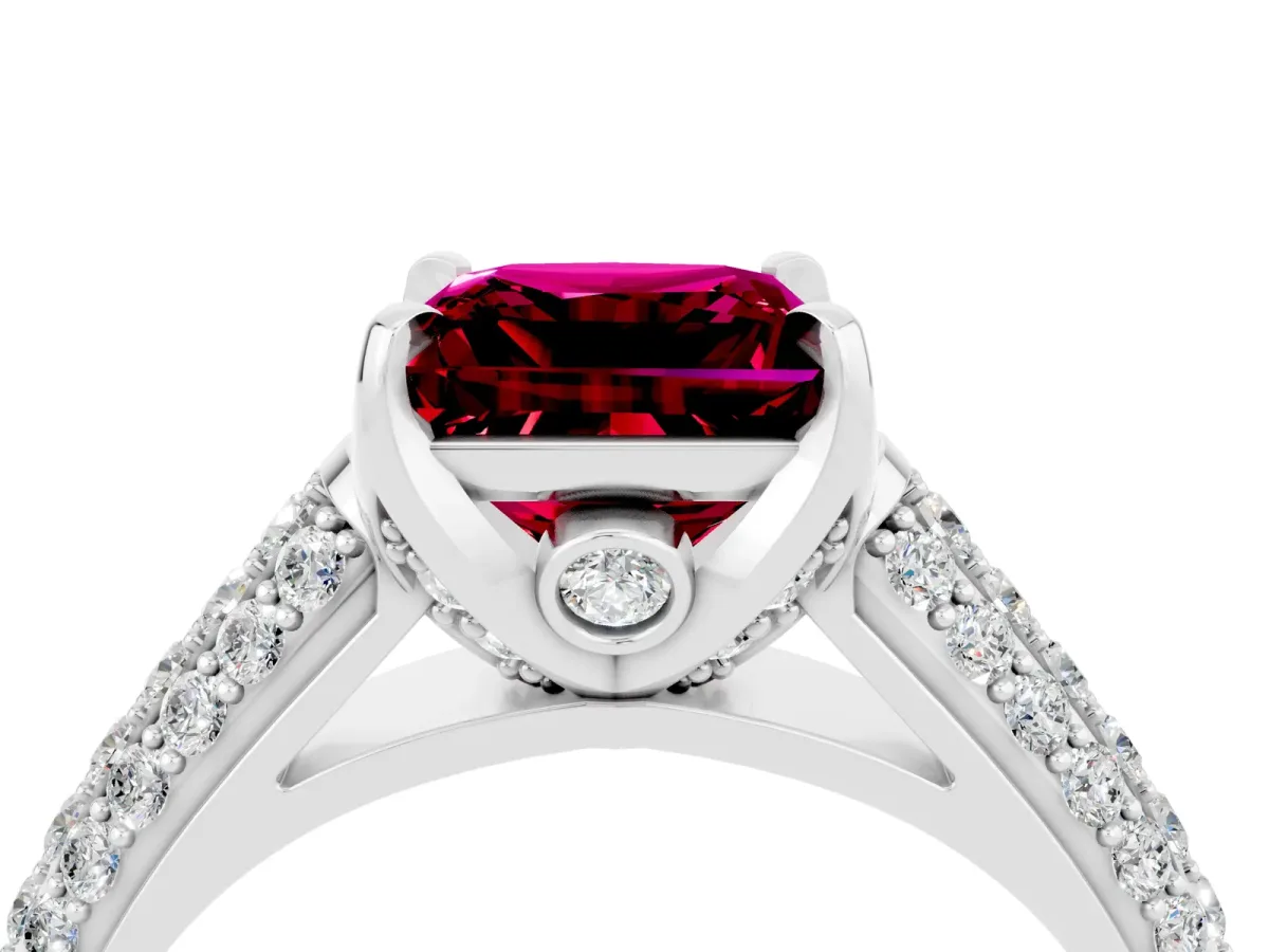 Princess Cut Garnet Solitaire Ring with Three-Row Pavé Band and Four-Prong Setting Platinum