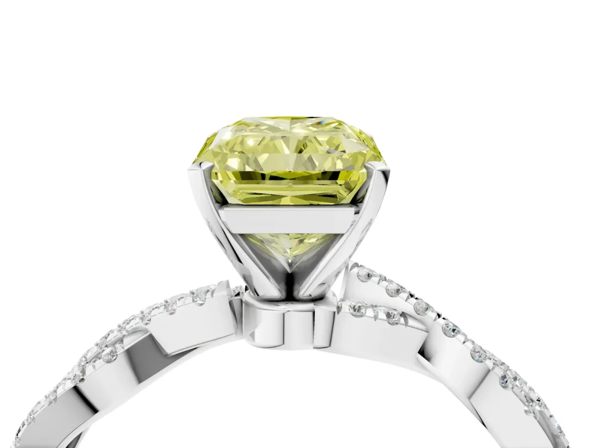 Fancy Yellow Radiant Cut Solitaire Twisted Pave Band with Four-Prong Setting Platinum