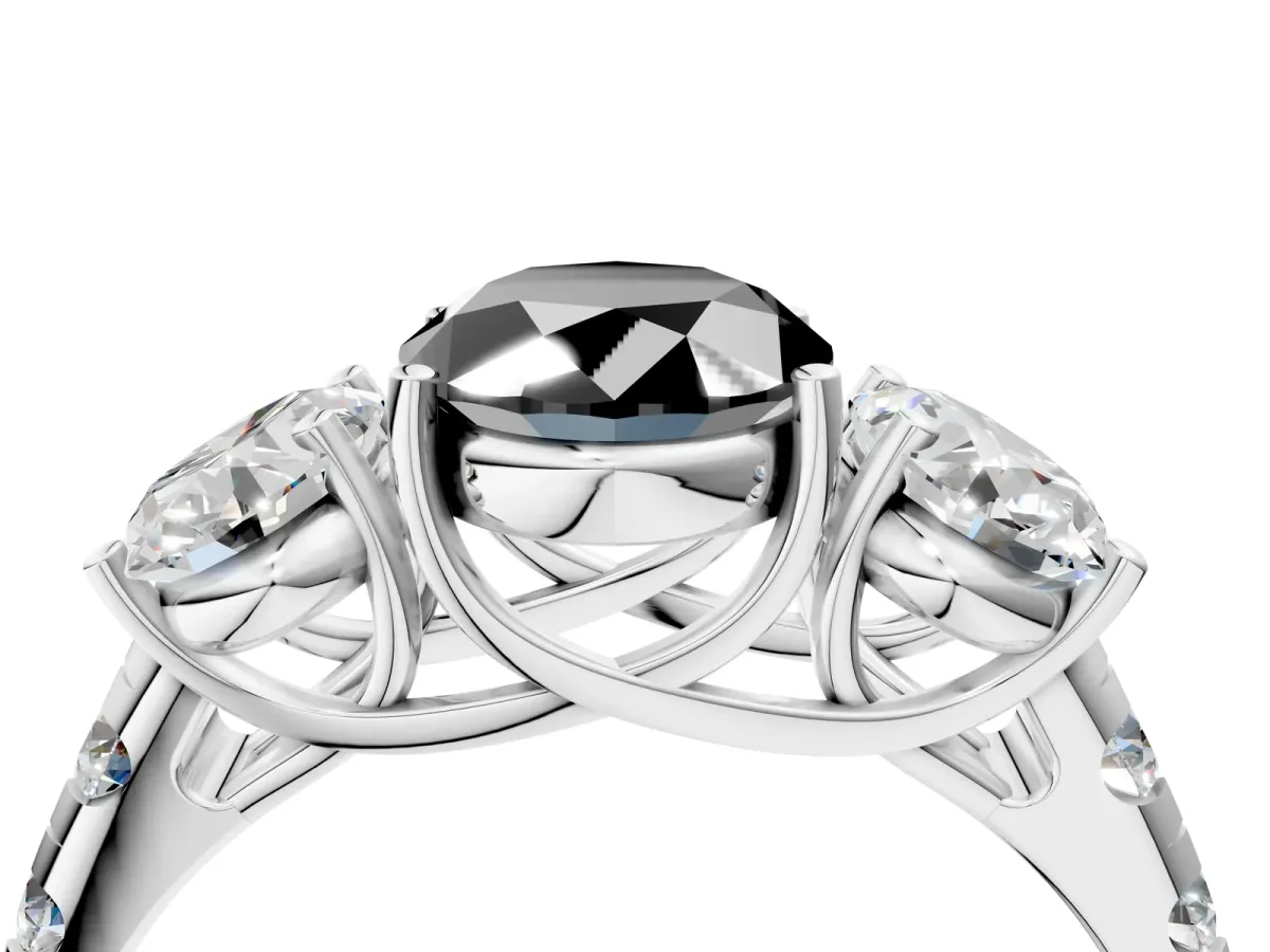 Fancy Black Three-Stone Oval Cut Diamond Pavé Band with Prong Setting Platinum