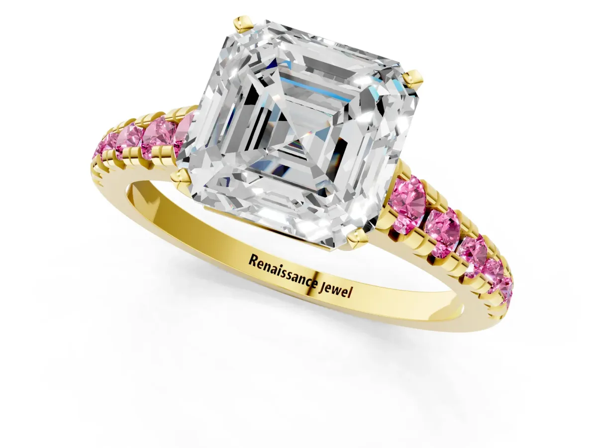 Asscher Cut Diamond Cathedral Solitaire Ring with Round Pink Sapphire Pavé Band Yellow gold