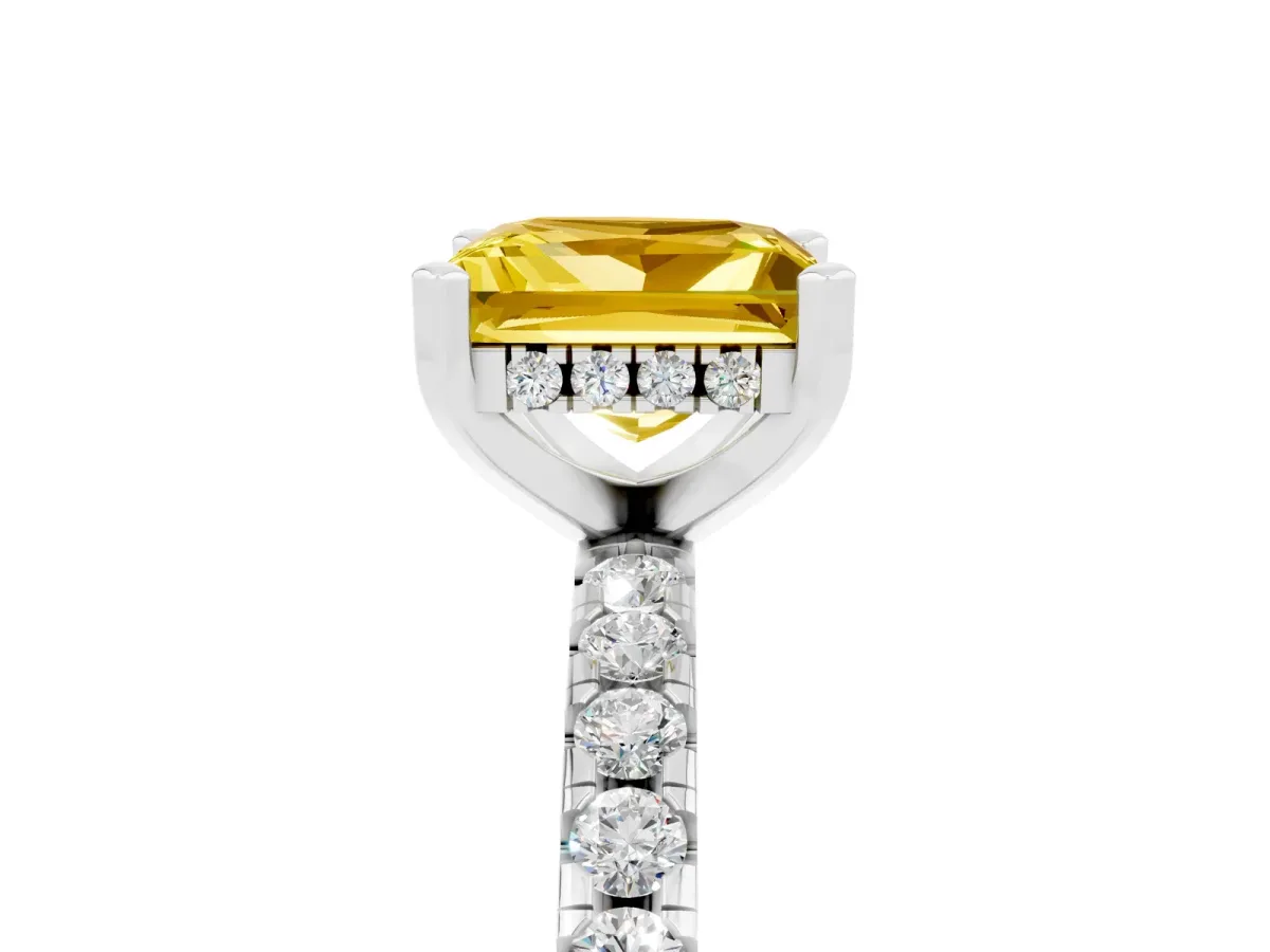 Princess Cut Yellow Sapphire Solitaire Ring with Round Pavé Band and Four-Prong Setting White gold