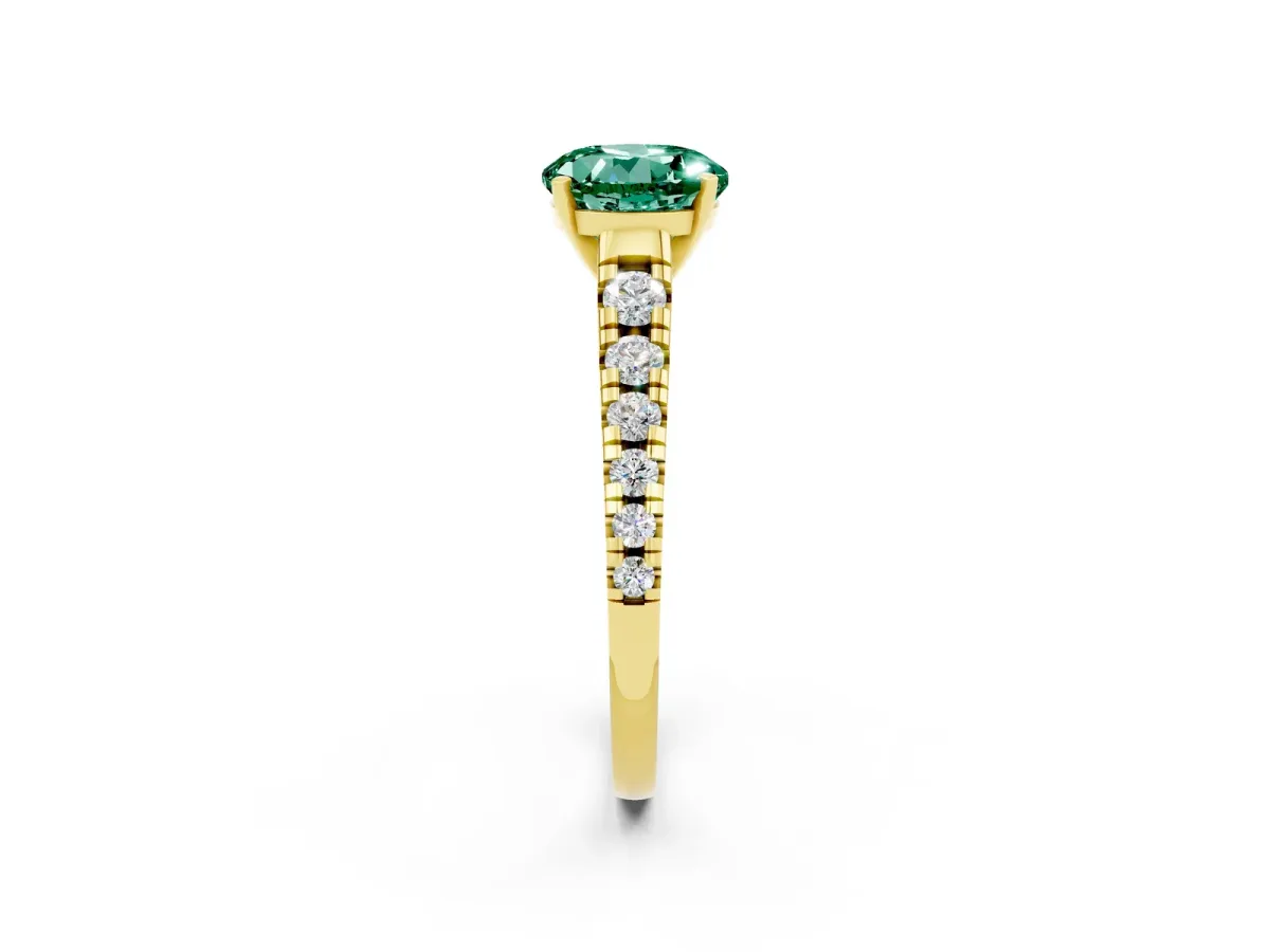 Round Cut Green Sapphire Cathedral Solitaire Ring with Round Pavé Band Yellow gold