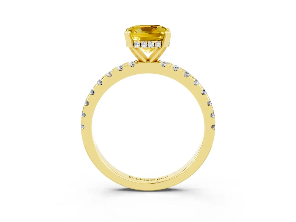 Cushion Cut Yellow Sapphire Solitaire Ring with Round Pavé Band and Four-Prong Setting Yellow gold
