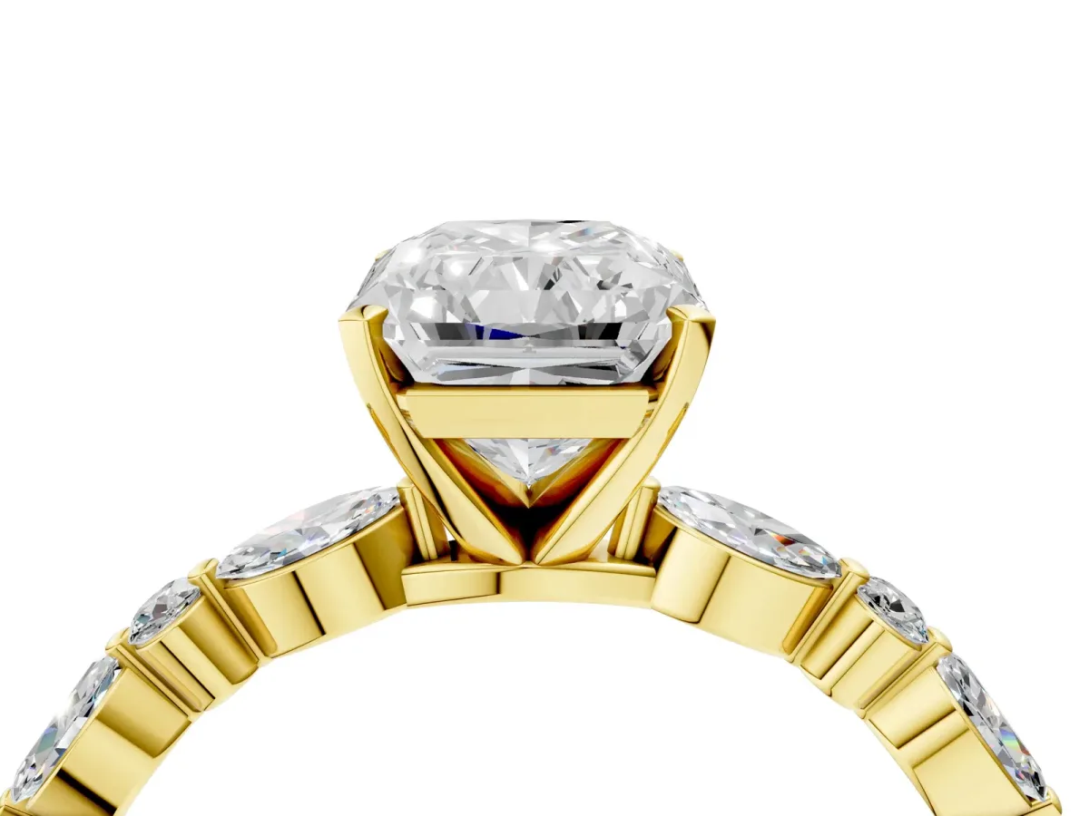 Radiant Cut Diamond Ring with Marquise and Round Side Stones and Four-Prong Setting Yellow gold