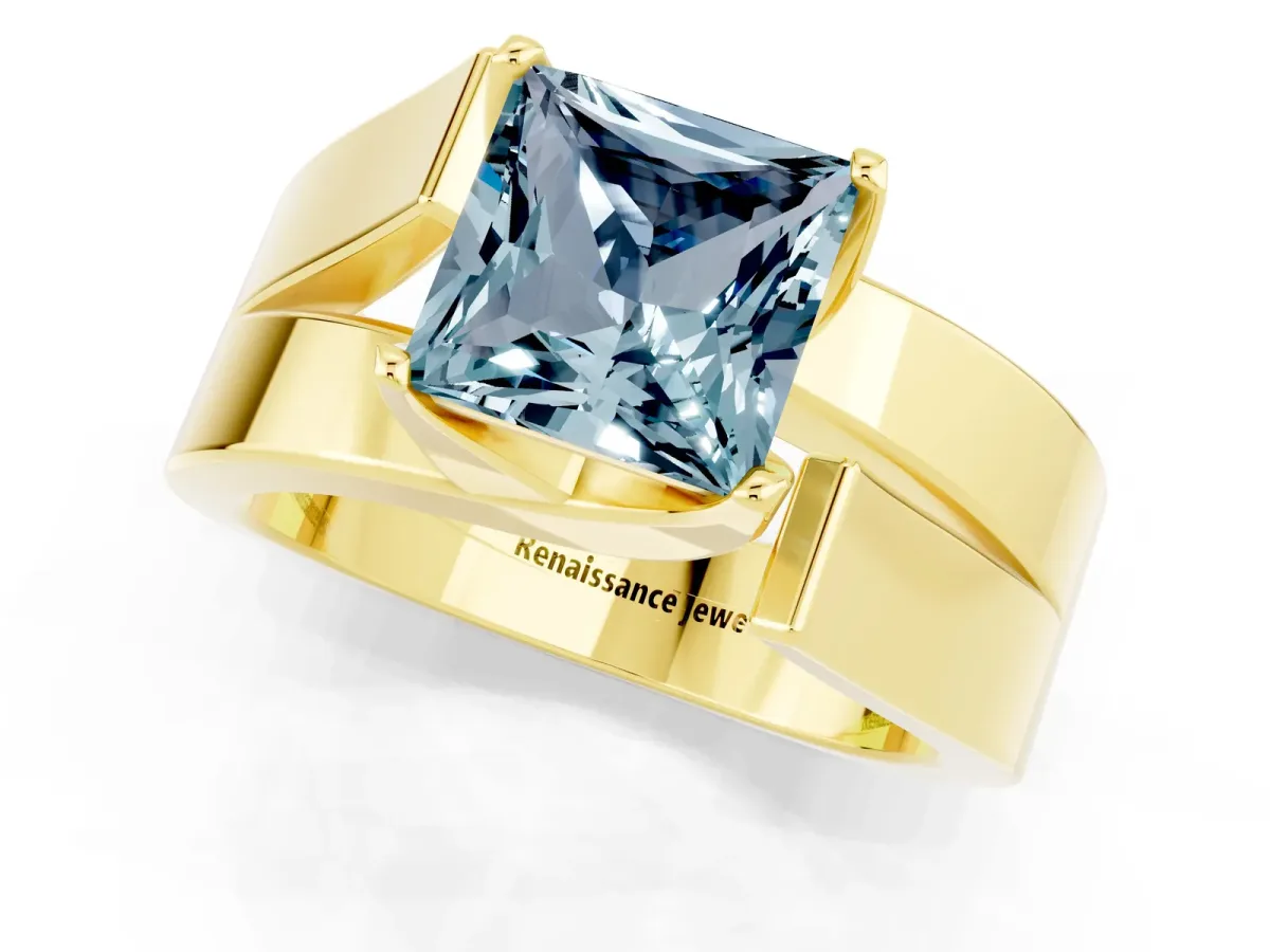 Modern Tension Set Princess Cut Aquamarine Solitaire Wide Band Ring Yellow gold
