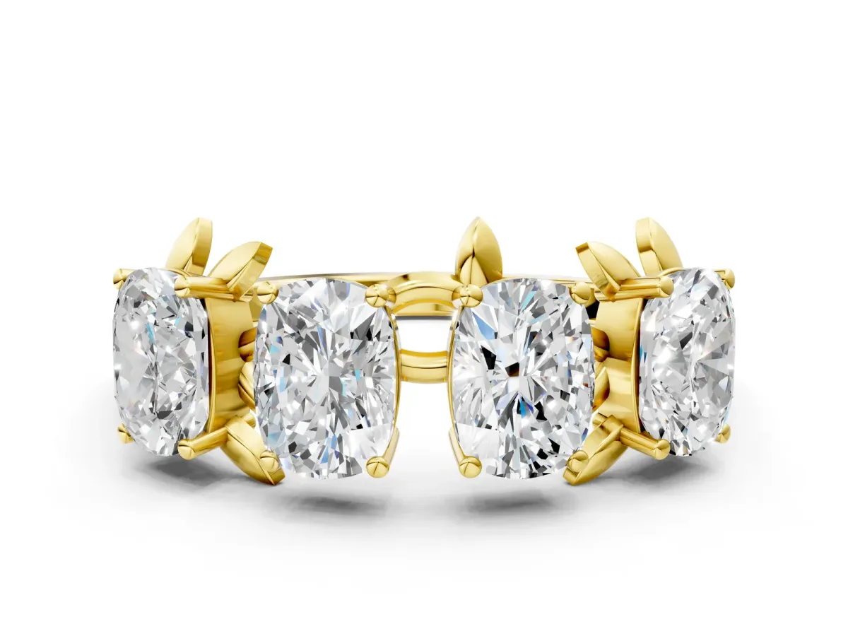 Four-Stone Elongated Cushion Diamond Band with Nature-Inspired Prong Setting Yellow gold