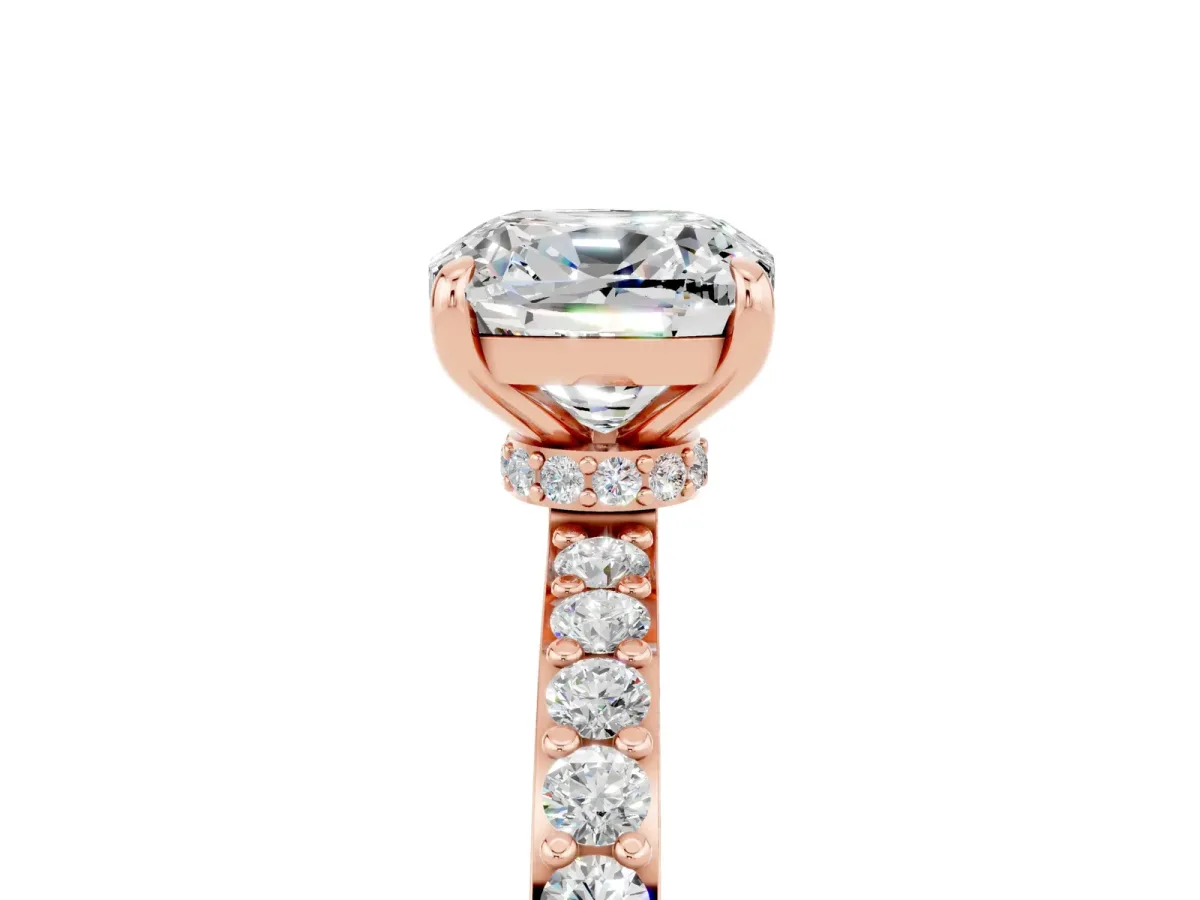 Cushion Cut Moissanite Solitaire Engagement Ring with Pavé Band and Four-Prong Setting Rose gold
