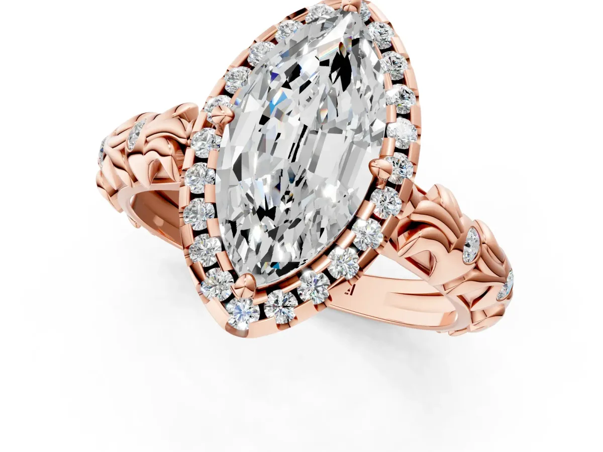 Marquise Cut Diamond Halo Ring with Filigree Band and Prong Setting Rose gold