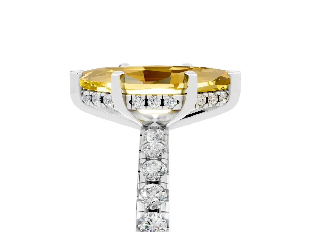 Marquise Cut Yellow Sapphire Solitaire Ring with Round Pavé Band and Four-Prong Setting White gold