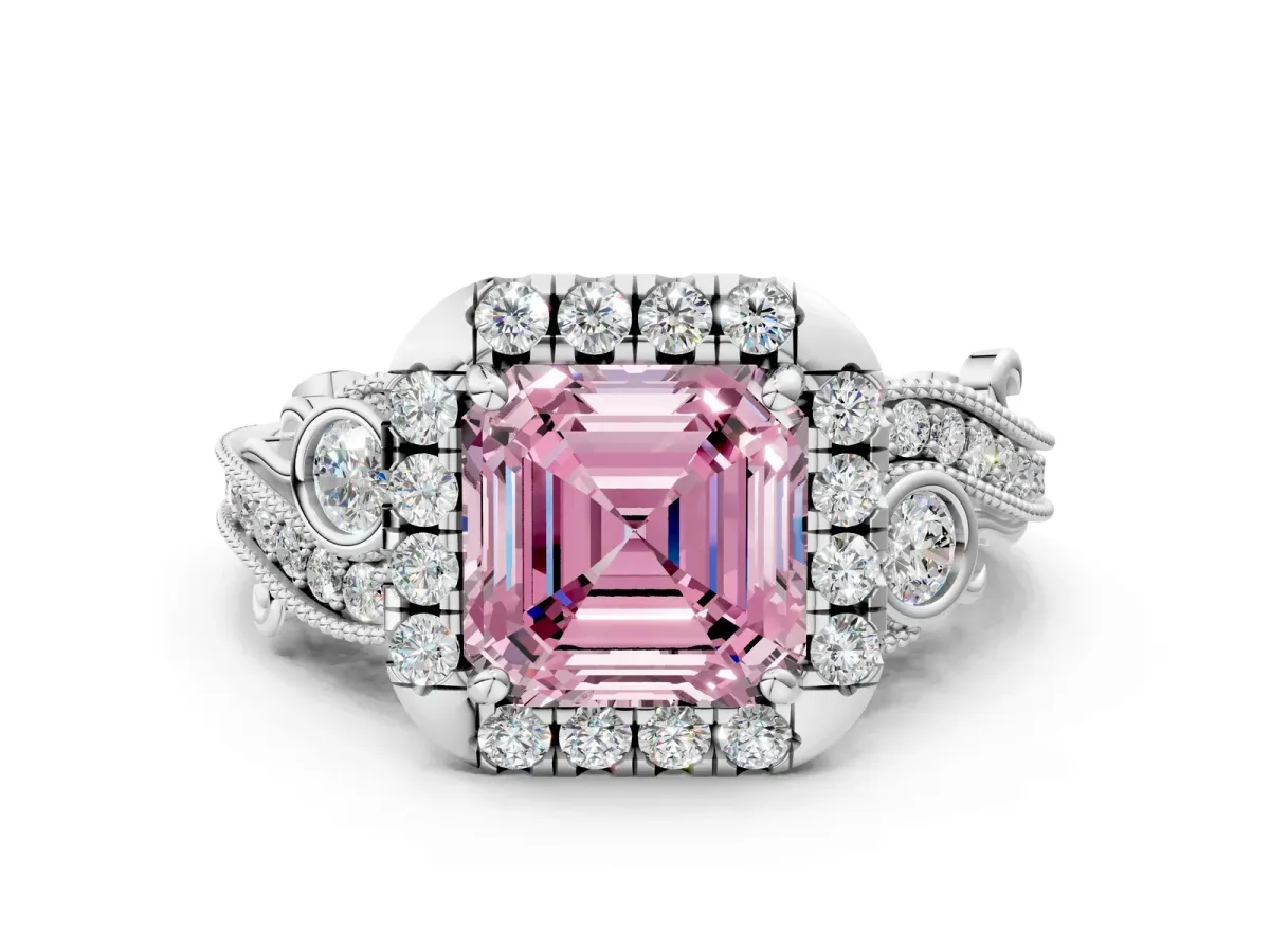 Fancy Pink Asscher Cut Diamond Halo Ring with Milgrain Pavé Band and Four-Prong Setting White gold