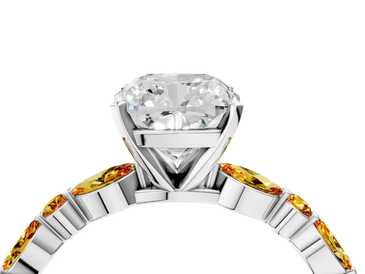 Cushion Cut Diamond Ring with Marquise and Round Citrine Side Stones and Four-Prong Setting White gold