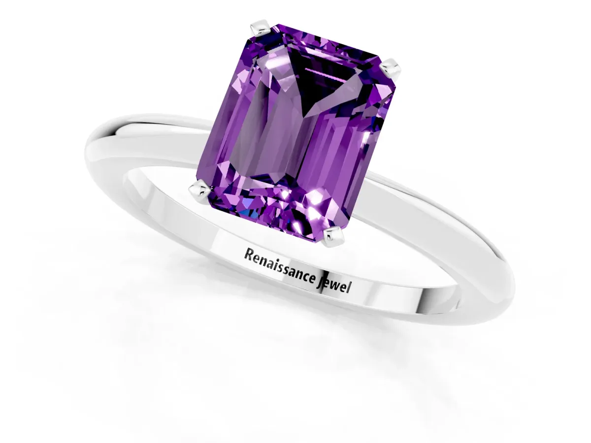Emerald Cut Amethyst Solitaire Ring with Six-Prong Setting and Classic Band White gold