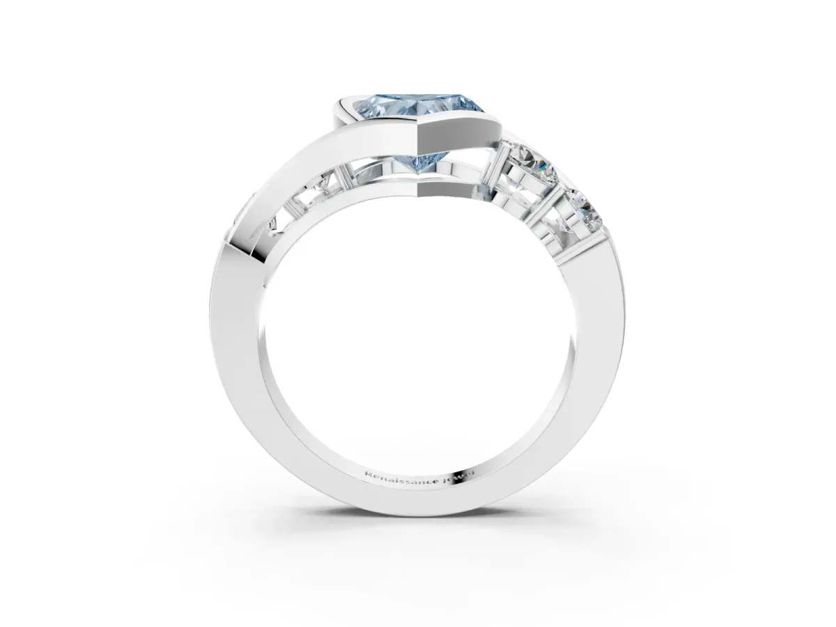 Fancy Blue Bezel Set Heart Cut Diamond Bypass Ring with Round Accents Silver