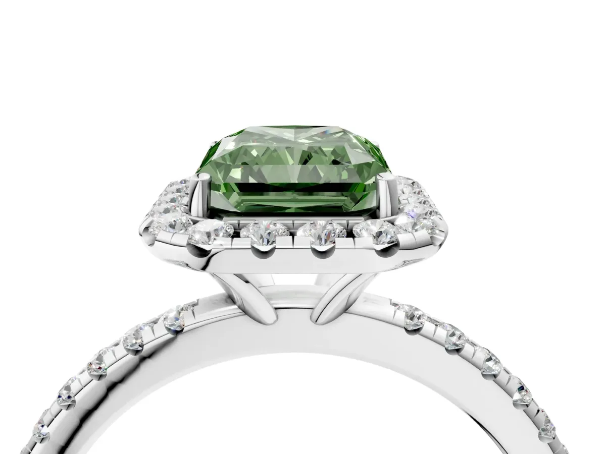 Fancy Green Radiant Cut Diamond Halo Engagement Ring with Round Pavé Band and Prong Setting Platinum