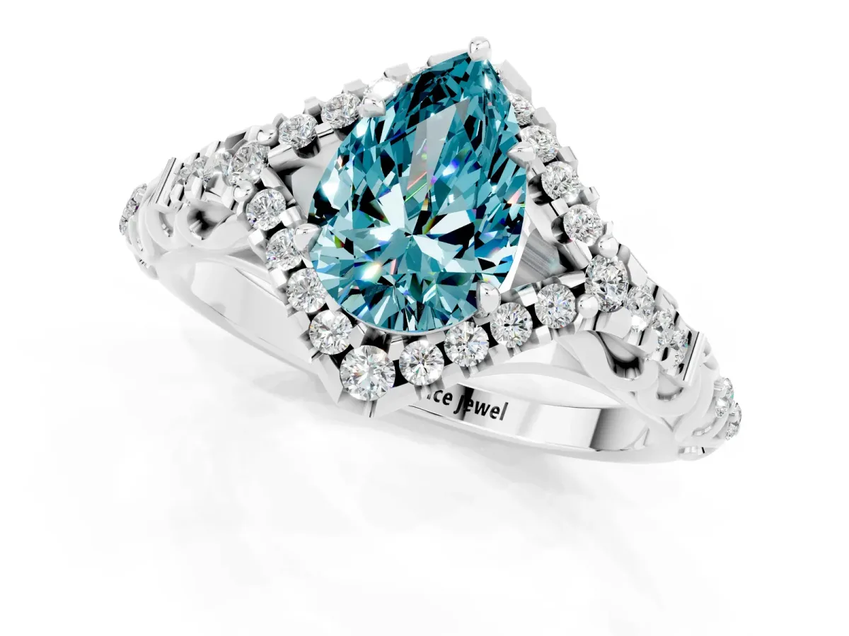 Pear Cut Blue Topaz Solitaire Ring with Hidden Halo and Pavé Band White gold