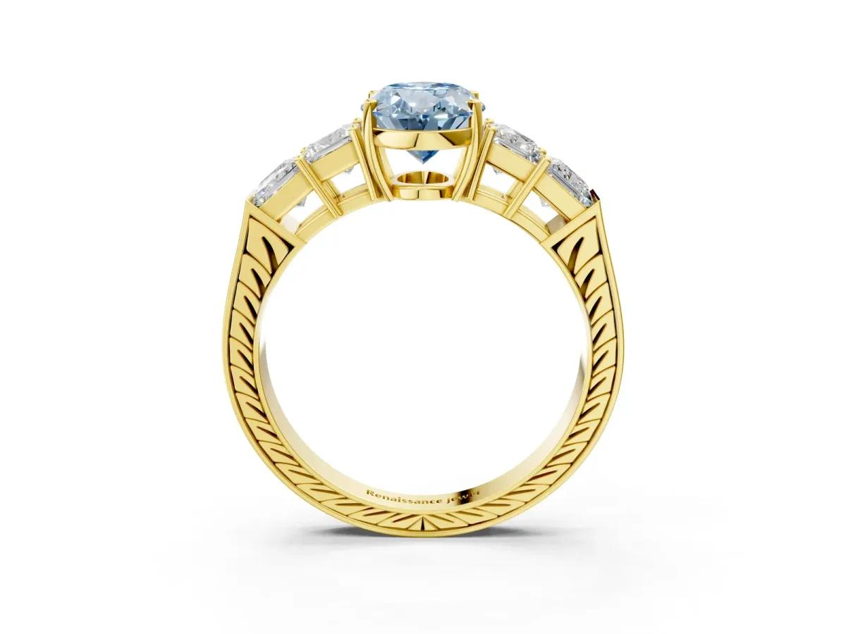 Fancy Blue Oval Cut Solitaire Princess Side Stone Engraved Band Prong Setting Ring Yellow gold