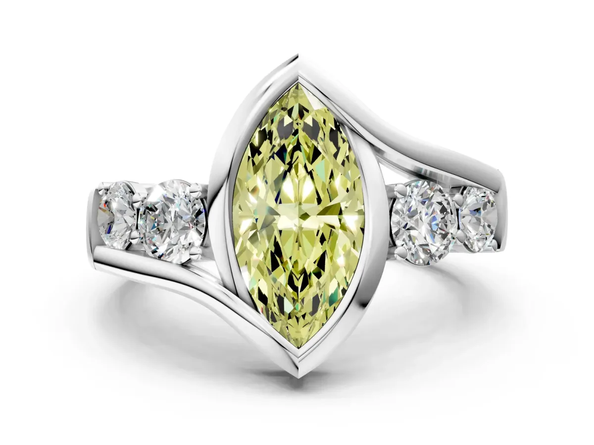Fancy Yellow Bezel Set Marquise Cut Diamond Bypass Ring with Round Accents Silver