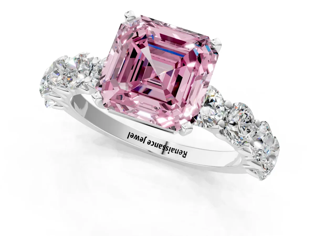 Fancy Pink Asscher Cut Diamond Prong Setting with Side Stones on a Pave Band Silver
