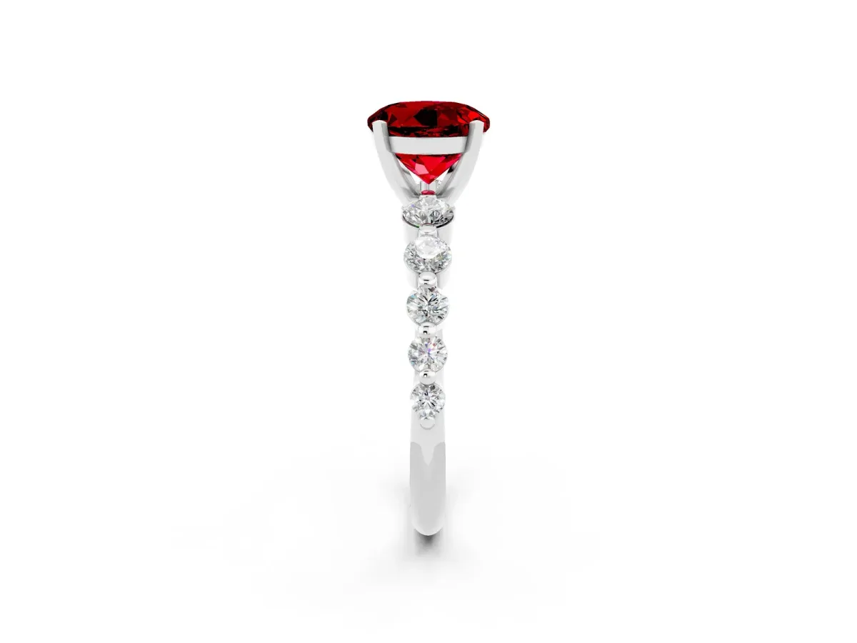 Round Cut Solitaire Ruby Ring with Pave Band and Four-Prong Setting White gold