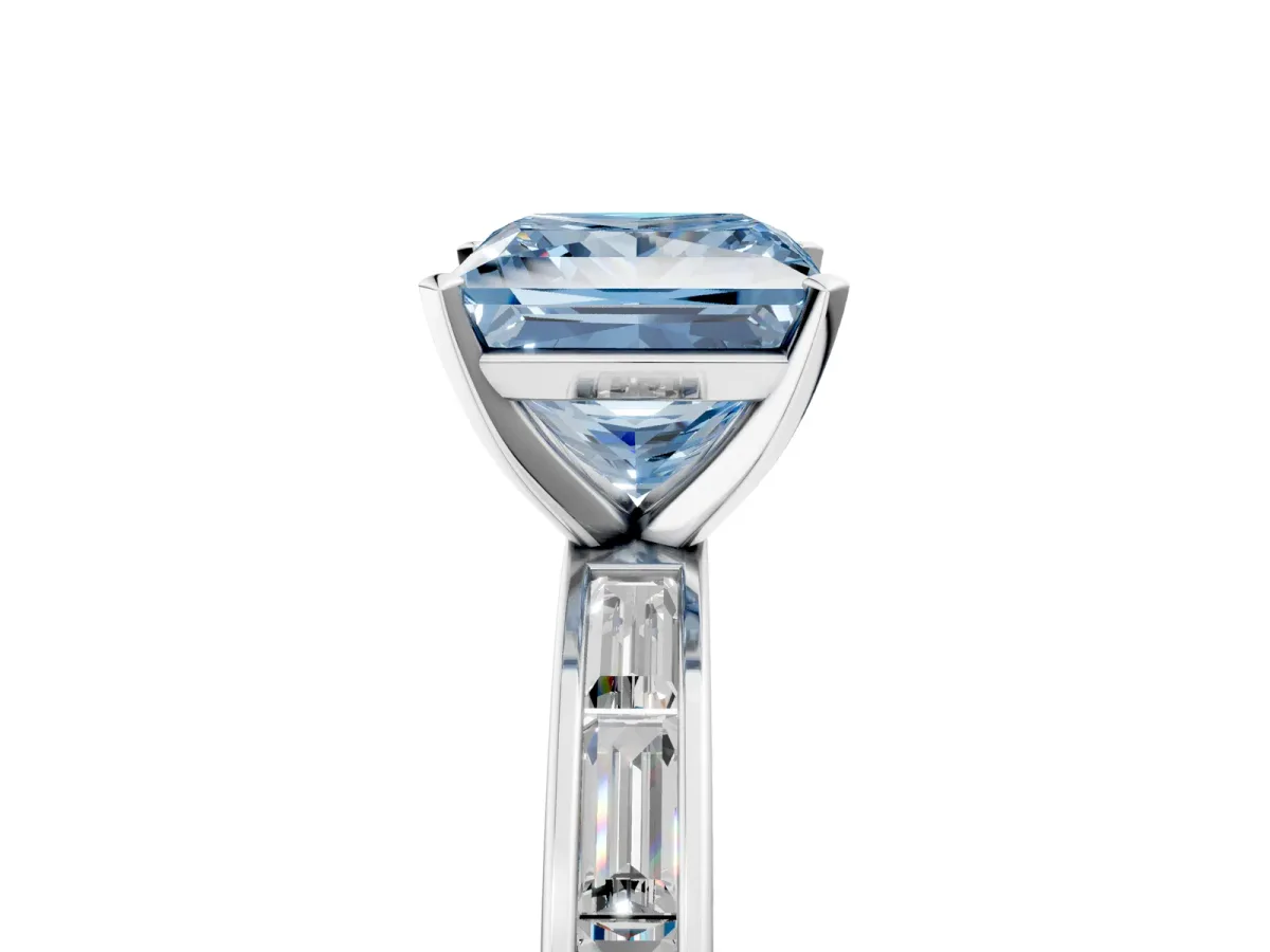 Fancy Blue Princess Cut Solitaire Diamond Ring with Channel-Set Baguette Band and Four-Prong Setting White gold