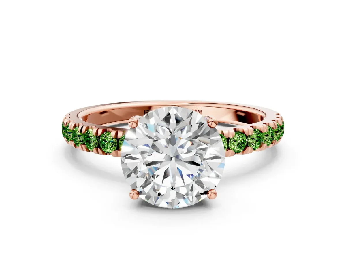 Round Cut Diamond Pave Band Solitaire Ring with Round Peridot and Prong Setting Rose gold