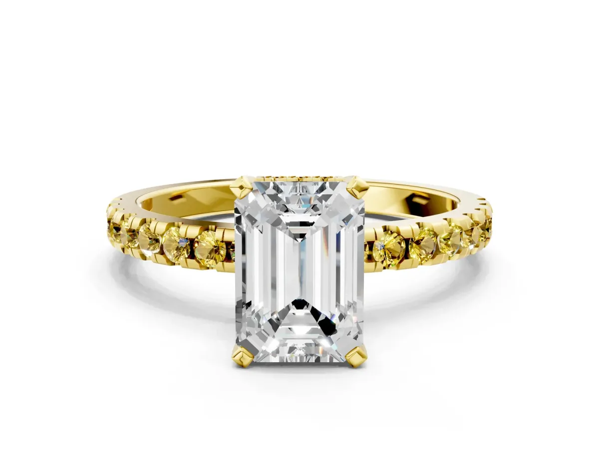 Emerald Cut Diamond Solitaire Ring with Round Yellow Sapphire Pavé Band and Four-Prong Setting Yellow gold