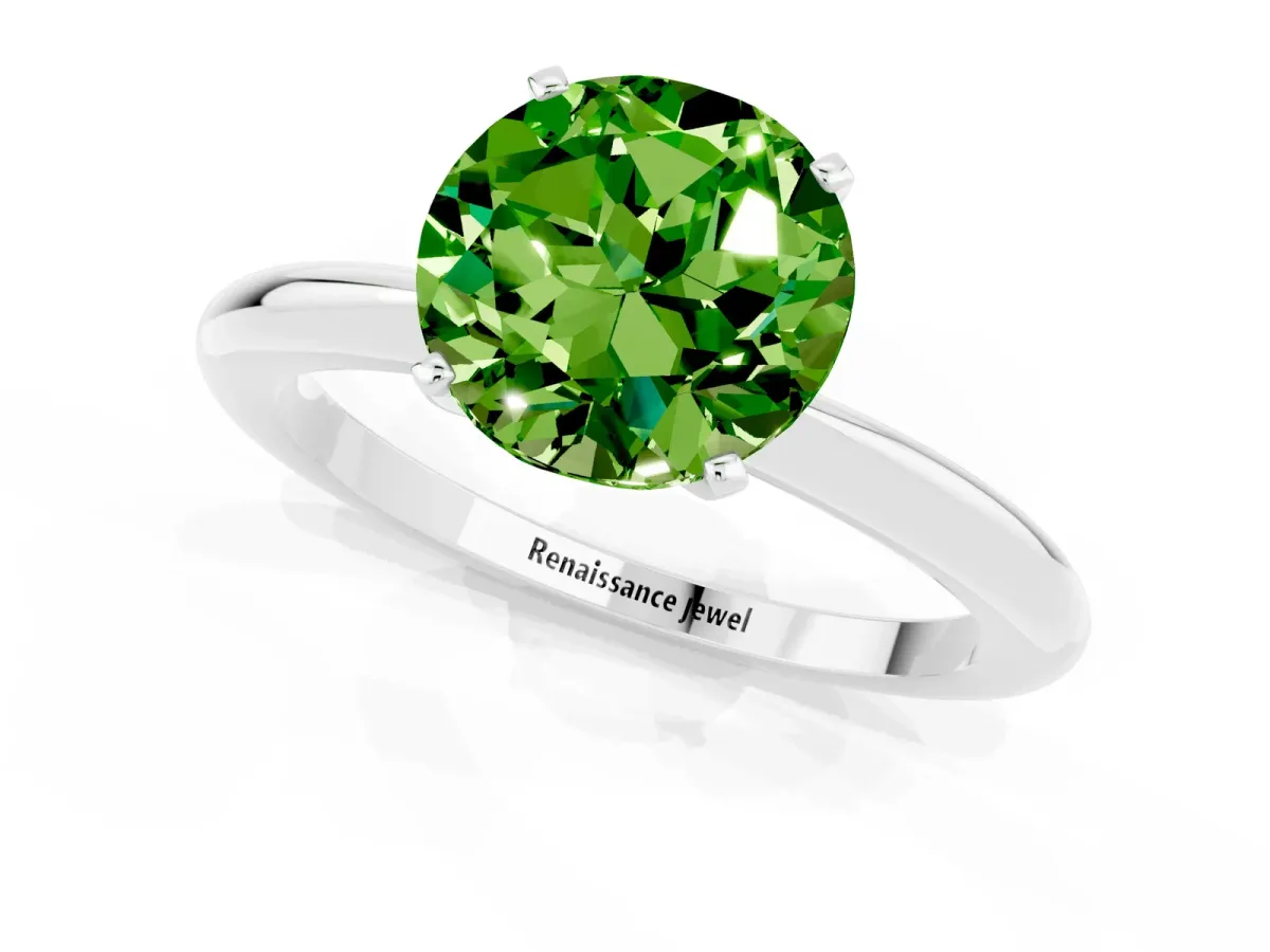 Round Cut Peridot Solitaire Ring with Six-Prong Setting and Classic Band White gold